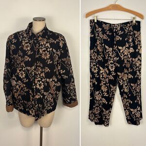 VTG Nomadic Traders Jacket Pants Set Womens XL Black Tan Floral Paisley Quilted